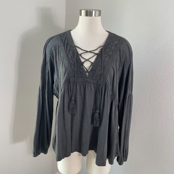 Lucky Brand Womens Large Gray Embroidered Lace Up Tassel Long Sleeve Boho Top - Picture 1 of 12